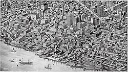 Oblique aerial drawing of Downtown Detroit in 1908 with high-rise buildings