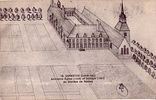 Dessin noir et blanc représentant des bâtiments, une église et des jardins.