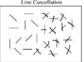 Line cancellation - על הנבדק להשלים קו לצורת X. רואים כי הנבדק "הזניח" את ביצוע המשימה בצד שמאל.