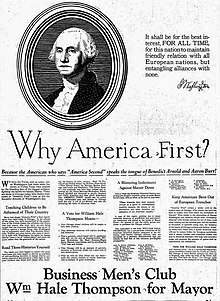 A newspaper clipping of an image of George Washington accompanied by the question "Why America First?" followed by a paragraph of text