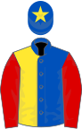 ROYAL BLUE and YELLOW HALVED, red sleeves, royal blue cap, yellow star