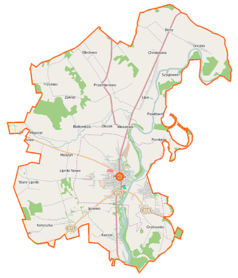 Mapa konturowa gminy Pułtusk, blisko centrum na dole znajduje się punkt z opisem „miejsce bitwy”