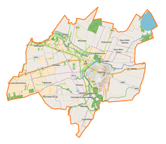 Mapa konturowa gminy Łęczna, blisko centrum na prawo znajduje się punkt z opisem „Mansjonaria w Łęcznej”