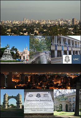 Clockwise from top: سٹی سکیپ، ناسیونز پارک سے لی گئی تصویر، سان مارٹن اسکوائر، لا کینڈا گلین، نیشنل یونیورسٹی آف کورڈوبا سے ارجنٹائن پویلین، نیوا کورڈوبا کے پڑوس سے لیا گیا رات کے وقت سٹی سکیپ، قرطبہ کا آرک، 00 میں جیسوٹ بلاک کے عہدہ کی یاد میں تختی اور ایویٹا فائن آرٹس میوزیم یونیسکو عالمی ثقافتی ورثہ.