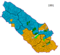 Etnički sastav Kantona 10 iz 1991. (Srbi - plavo, Hrvati - narandžasto, Bošnjaci - zeleno)