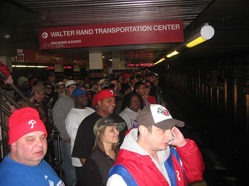 File:Phillies fans at Broadway station before victory parade, October 2008.jpg