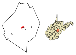 Location of Webster Springs in Webster County, West Virginia (left) and in West Virginia (right)