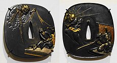 Two tsuba (Sword guard) depicting Yorimitsu trying to cut a tsuchigumo with a tachi named 'Hizamaru'. made by Unnno Yoshimori I (left), Gochiku Sadakatsu (right). Museum of Fine Arts, Boston.