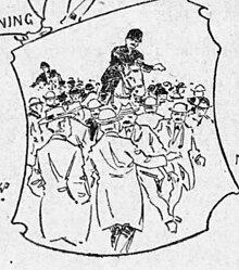 Newspaper drawing of policemen on horseback riding through crowds