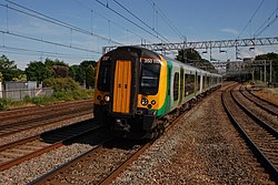 London Midland Class 350 Desiro No. 350117 arriving at Rugeley Trent Valley station.