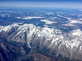 view across snowy mountains and glaciers