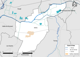 Carte en couleur présentantle réseau hydrographique de la commune