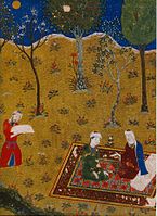 The poet Sa'di converses by night with a young friend in a garden (Gulistan of Sa'di miniature), 1427 (Persia), Chester Beatty Library, Dublin.