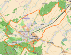 Mapa konturowa Świebodzic, blisko centrum po lewej na dole znajduje się punkt z opisem „miejsce zdarzenia”