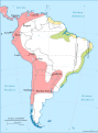 L-Amerika t'Isfel madwar 1650. Bir-roża l-possedimenti Spanjoli, bl-aħdar il-Portugiż u bl-isfar l-Olandiż.