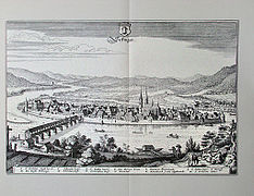 Altstadt Säckingens mit dem Damenstift Säckingen vom Rhein umflossen, Kupferstich aus Topographia Alsatiae, Matthäus Merian