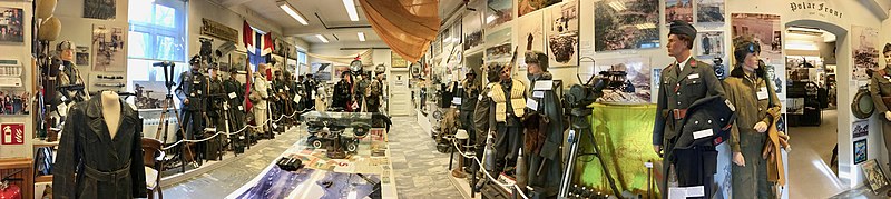 File:German, Norwegian, British WW2 uniforms-weapons-equipment, NSU SS bike, Gestapo, Polarfront 1940-45, civil, mil. items, rare objects, etc. Lofoten Krigminnemuseum, Norway (War Memorial Museum) Distorted panorama 2019-05-08 IMG 8486.jpg