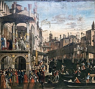 Le Miracle de la relique de la Croix au pont du Rialto par Vittore Carpaccio, 1494 Galeries de l'Académie de Venise[2]