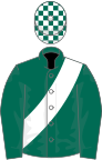 Dark green, white sash, check cap