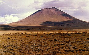 A conical mountain rising above yellow vegetation