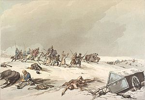 Казаците нападат армията на Наполеон край Москва през зимата на 1812 г.