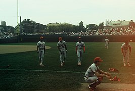 St Louis Cardinals - Vince Coleman, Willie McGee, Ozzie Smith. 1985 (37624172061).jpg