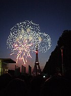 フランスの建国記念日：エッフェル塔前で打ち上げられる花火