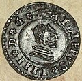 Anverso de moneda de 16 maravedís (cobre) de Felipe IV con "ceca" de Sevilla del año 1662.