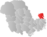 Mapa do condado de Vestfold og Telemark com Holmestrand em destaque.