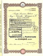 Certificato della Società Anonima Italiana Ing. Nicola Romeo & C. per 5 azioni da 100 lire ciascuna, emesso a Milano il 7 febbraio 1929. Dopo l'acquisizione dell'Anonima Lombarda Fabbrica Automobili nel 1918, trasformata in società per azioni. Dopo il martedì nero del 1929, la sua società si trovò in difficoltà finanziarie e Romeo dovette lasciarla.