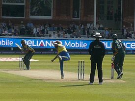 Sri Lankan fast bowler Lasith Malinga bowls to Pakistani batsman Shahid Afridi in the ICC World Twenty20 Final.