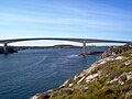 Hoholmen Bridge and Hoholmstrømmen; taken from Hoholmen, with Lovund in the far background.