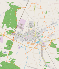 Mapa konturowa Opoczna, blisko centrum na prawo znajduje się punkt z opisem „Pomnik Tadeusza Kościuszkiw Opocznie”