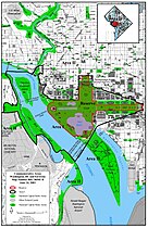 National Park Service map showing the National Mall's designated reserve area referenced in the 2003 Commemorative Works Clarification and Revision Act