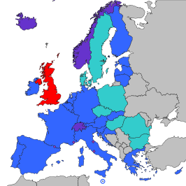 alt= ■ Eurozone ■ Andere leden van de Europese Unie ■ Andere lidstaten van de EER en Zwitserland ■ Deelnemende ministaten in SEPA ■ Verenigd Koninkrijk (blijft in SEPA na Brexit)[1]