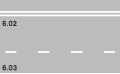 6.02 Double security strip (white, solid) & 6.03 Directing strip (white, broken) 6.02 separates driving directions on roads with 3 or more lanes (or expressways); crossing, traversing, or passing over it by vehicles is strictly prohibited 6.03 designates either centre of carriageway on two-lane roads, or separates lanes; crossing, traversing, passing over for overtaking is allowed; any change of lanes or overtaking manoeuvres (start and end) must always be indicated by flashing turn indicators!