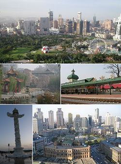 Clockwise from top: Dalian's Skyline, Lüshun Station, Zhongshan Square Xinghai Square, and Laodong Park
