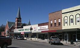 W. Jefferson street en de First United Methodist Church in het centrum van Pulaski