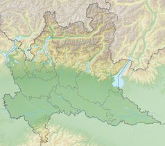 Mapa konturowa Lombardii, blisko centrum na prawo u góry znajduje się punkt z opisem „Val Camonica”