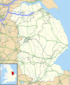Middle Rasen is shown in red on the cream outline of Lincolnshire, two thirds of the way up and roughly half way across. It is NE of Lincoln, half way to Grimsby.