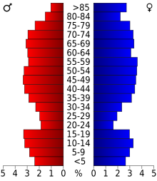 Schéma représentant la population du comté, par tranche d'âge. En rouge, à gauche, les femmes, en bleu à droite, les hommes.