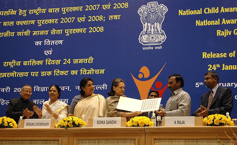 File:A. Raja, the Minister of State (Independent Charge) for Women & Child Development, Smt. Renuka Chowdhury and the Chairperson, UPA, Smt. Sonia Gandhi at the releasing of the postal stamp to commemorate National Girl Child Day.jpg