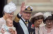 Prince Oscar's Baptism – From left to right: Prince Oscar on his mother's lap, King Carl XVI Gustaf, Queen Silvia and Ewa Westling (27 May 2016)