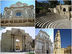 Top left:Church of Santa Croce, Top right:Lecce Teatro Romano, Bottom left:Lecce Porta Napoli in Universita Street, Bottom middle:Saint Giovanni Cathedral in Perroni area, Bottom right:Lecce Cathedral in Duomo Square