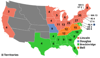Kort over, hvem, der har vandt hvilke delstater (blå=Douglas, rød=Lincoln, grøn=Breckinridge, orange=Bell)
