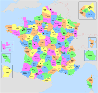 Carte des départements français et divisions territoriales assimilées en tant que circonscriptions administratives[Note 1].