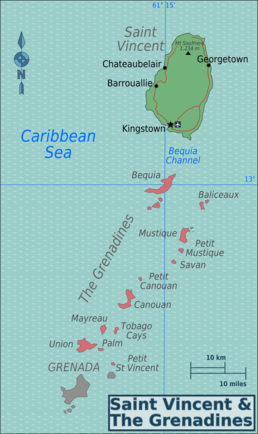 Mapa regionů Svatého Vincence a Grenadin