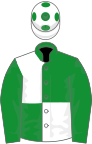 Green and white quartered, green sleeves, white cap, green spots