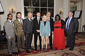 Aziz Ansari, Adam Scott, Nick Offerman, Mike Schur, Amy Poehler, Horace Newcomb, Retta and Jim O'Heir, May 2012.jpg