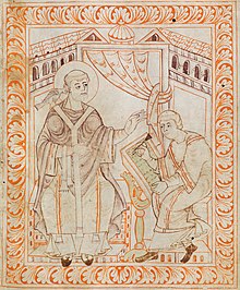 Manuscript drawing of a seated haloed figure in vestments, with a bird on his right shoulder, talking to a seated scribe writing.